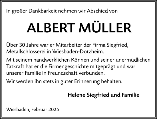 Traueranzeige von Albert Müller von Wiesbadener Kurier