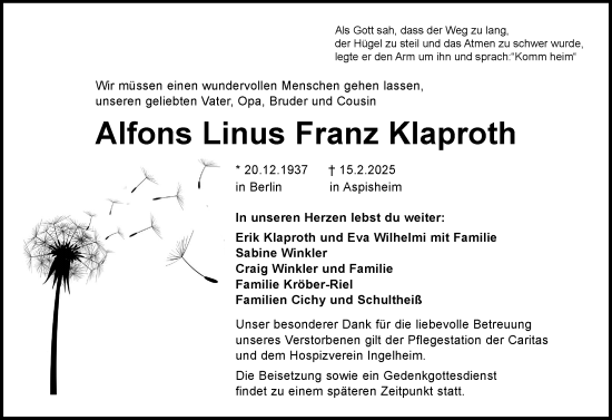 Traueranzeige von Alfons Linus Franz Klaproth von Allgemeine Zeitung Rheinhessen-Nahe