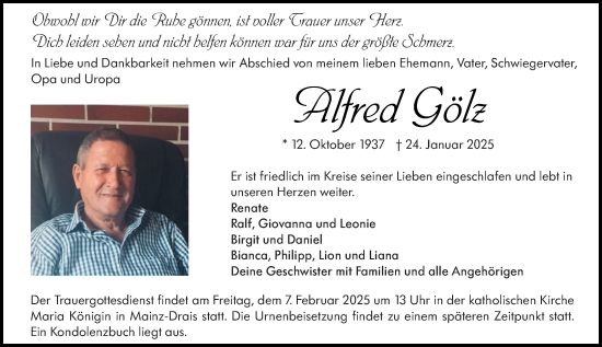 Traueranzeige von Alfred Gölz von Allgemeine Zeitung Mainz