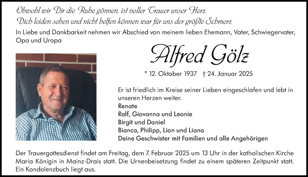  Traueranzeige für Alfred Gölz vom 01.02.2025 aus Allgemeine Zeitung Mainz