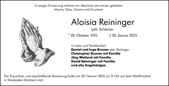 Traueranzeige von Aloisia Reininger von Wiesbadener Kurier