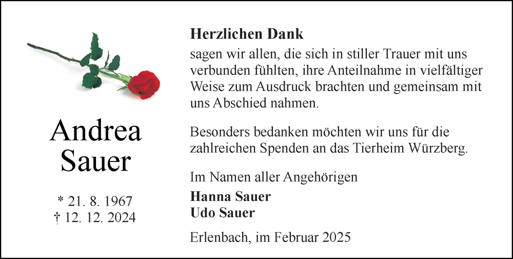  Traueranzeige für Andrea Sauer vom 01.02.2025 aus Odenwälder Echo