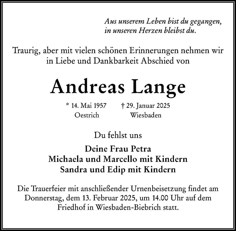  Traueranzeige für Andreas Lange vom 08.02.2025 aus Wiesbadener Kurier