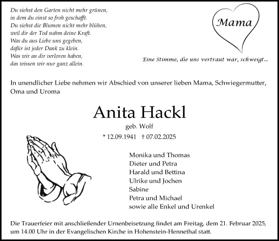 Traueranzeige von Anita Hackl von Idsteiner Land/Untertaunus