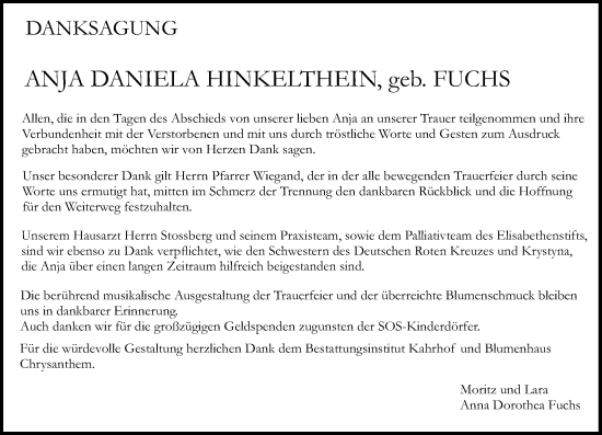 Traueranzeige von Anja Daniela Hinkelthein von Darmstädter Echo