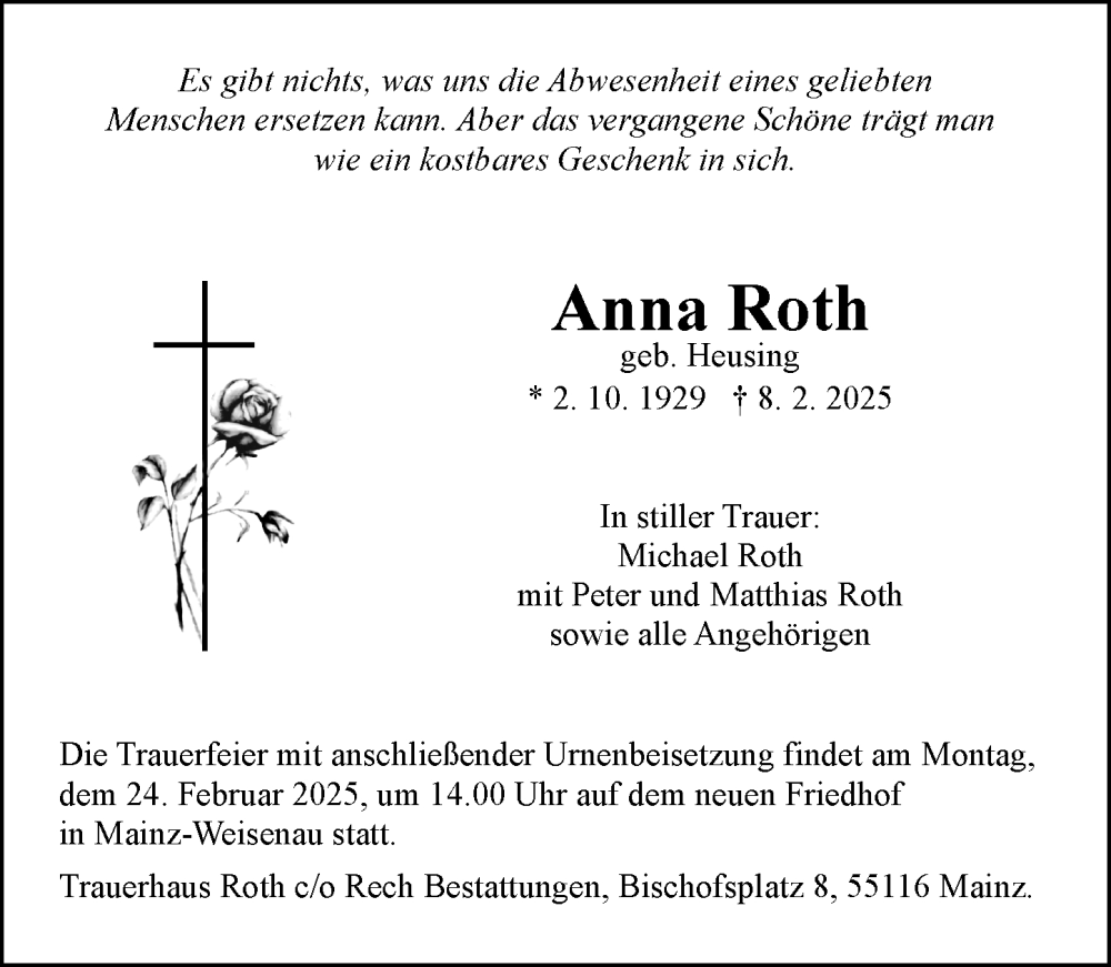  Traueranzeige für Anna Roth vom 15.02.2025 aus Allgemeine Zeitung Mainz