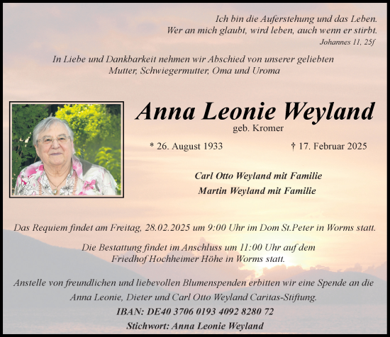 Traueranzeige von Anna Leonie Weyland von Wormser Zeitung