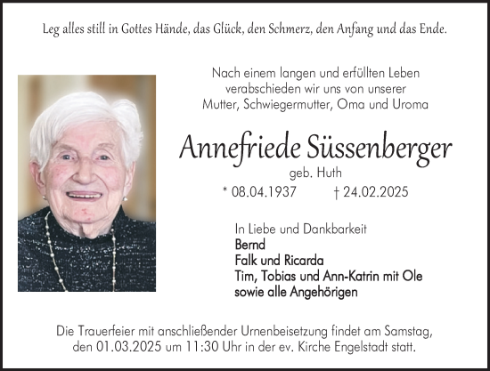 Traueranzeige von Annefriede Süssenberger von Allgemeine Zeitung Rheinhessen-Nahe