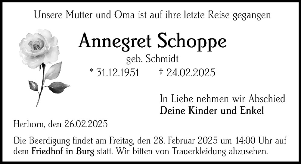  Traueranzeige für Annegret Schoppe vom 26.02.2025 aus Dill Block