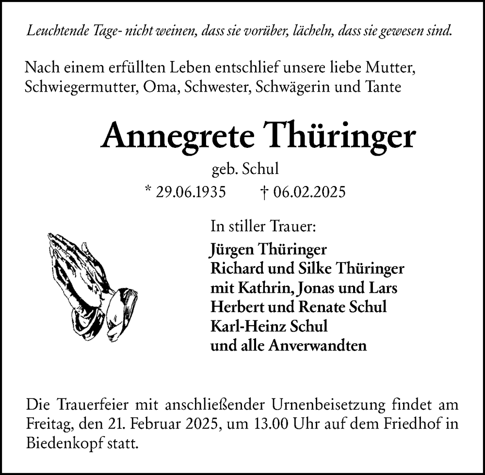  Traueranzeige für Annegrete Thüringer vom 17.02.2025 aus Hinterländer Anzeiger