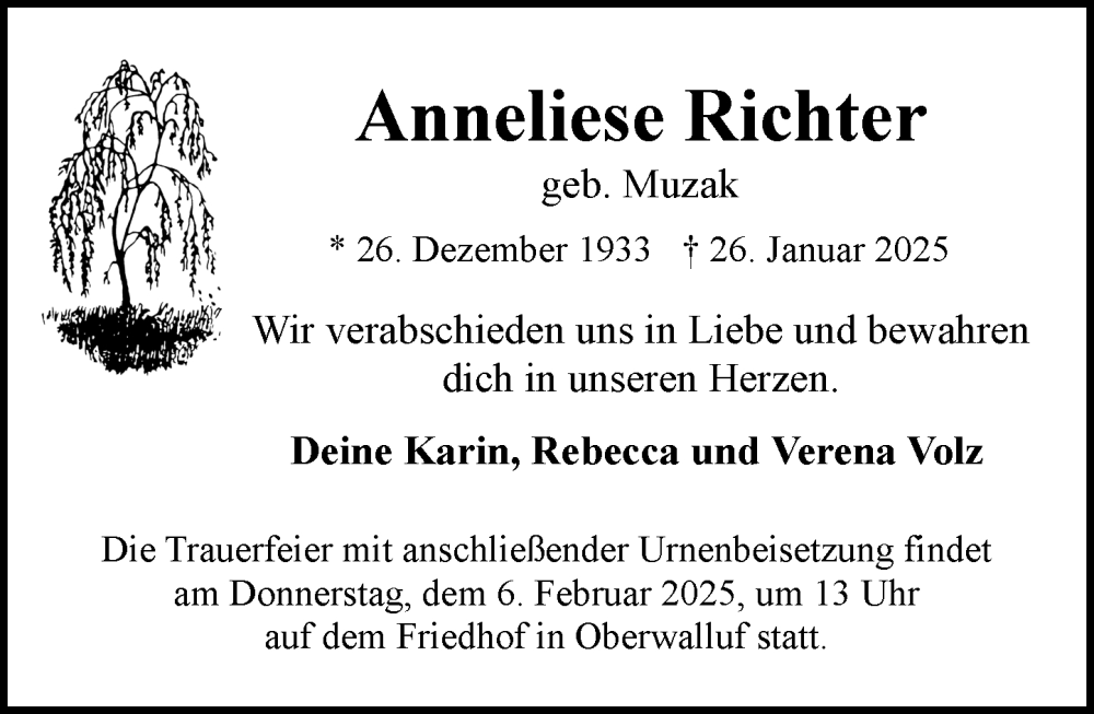  Traueranzeige für Anneliese Richter vom 01.02.2025 aus Wiesbadener Kurier