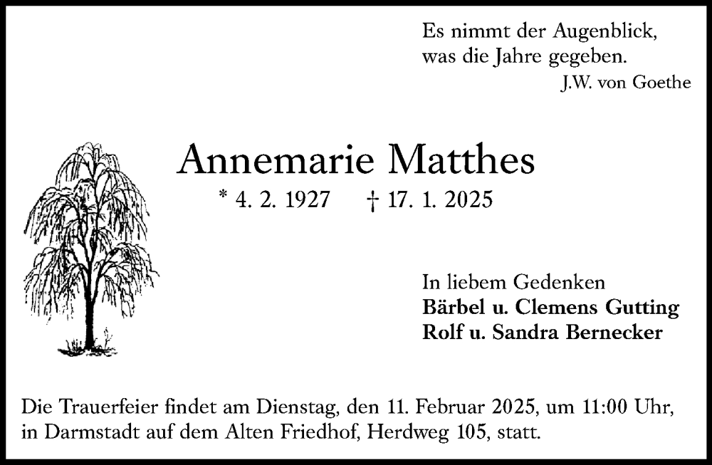  Traueranzeige für Annemarie Matthes vom 08.02.2025 aus Darmstädter Echo