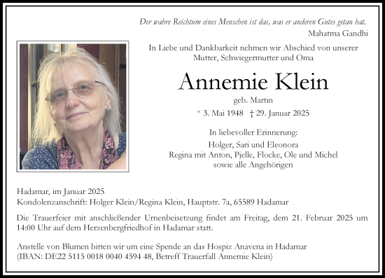 Traueranzeige von Annemie Klein von Nassauische Neue Presse