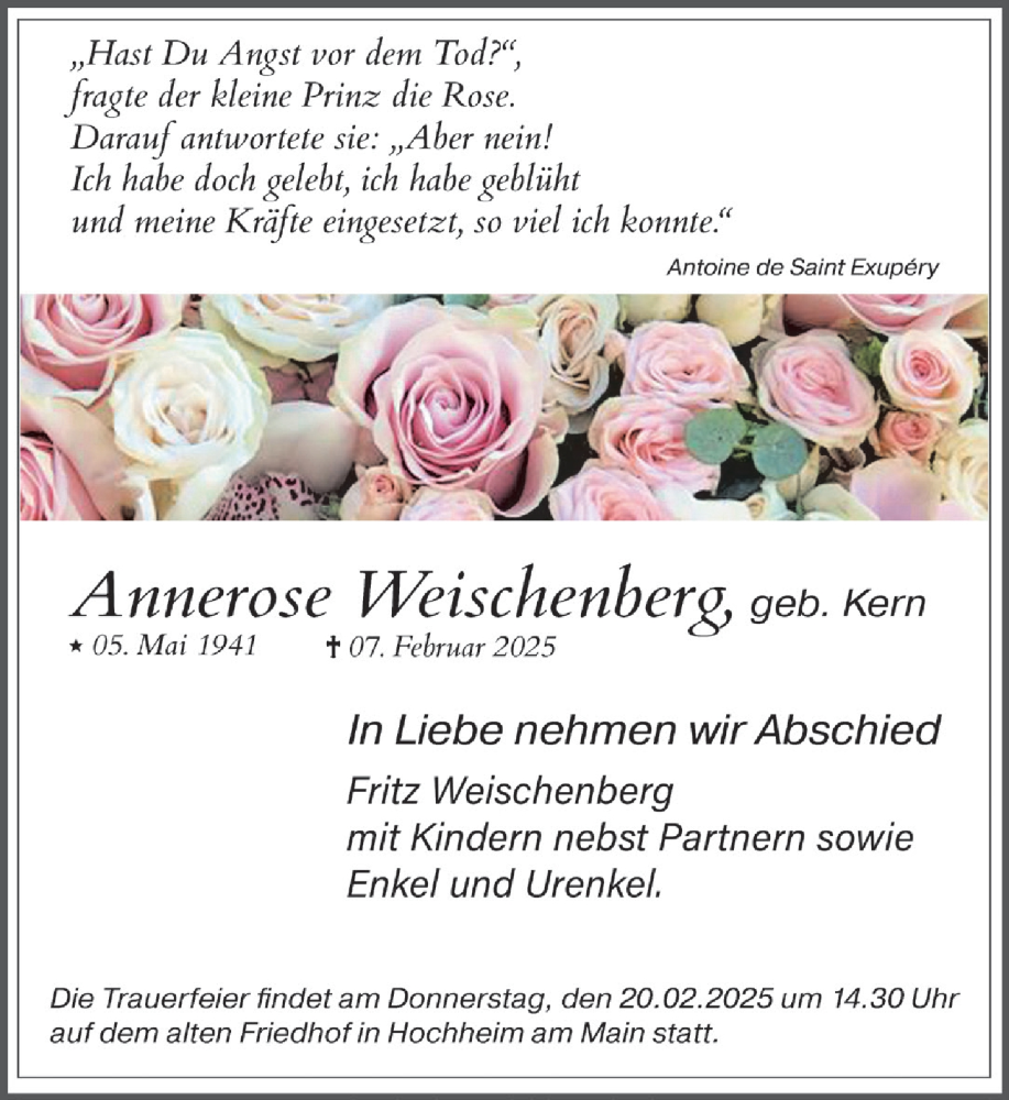  Traueranzeige für Annerose Weischenberg vom 14.02.2025 aus Hochheimer Zeitung