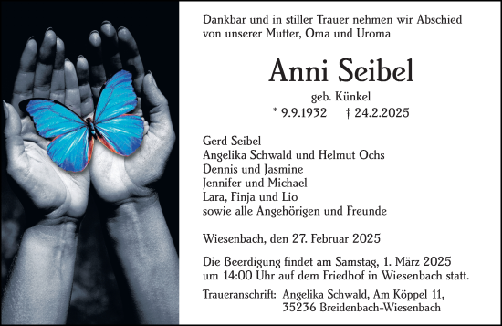Traueranzeige von Anni Seibel von Hinterländer Anzeiger