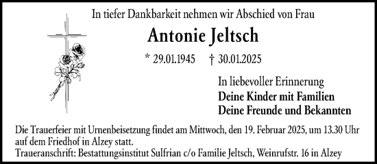 Traueranzeige von Antonie Jeltsch von Allgemeine Zeitung Alzey