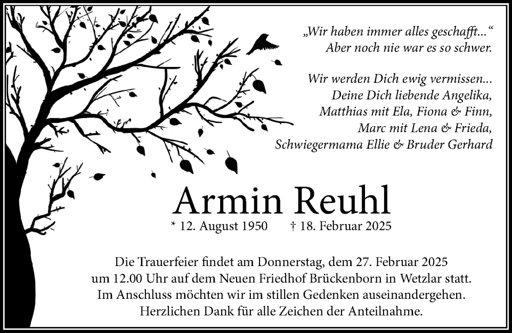  Traueranzeige für Armin Reuhl vom 24.02.2025 aus Wetzlarer Neue Zeitung