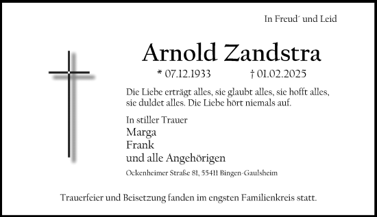 Traueranzeige von Arnold Zandstra von Allgemeine Zeitung Rheinhessen-Nahe