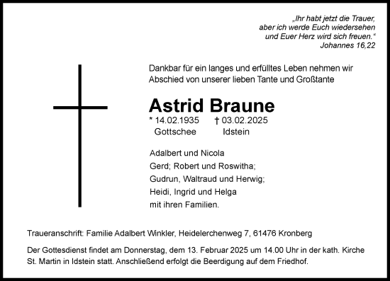 Traueranzeige von Astrid Braune von Idsteiner Land/Untertaunus