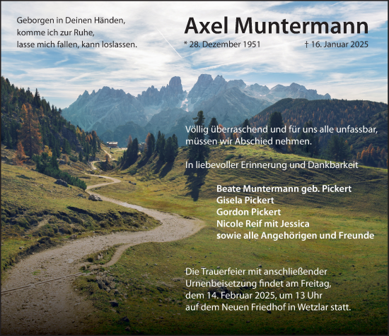 Traueranzeige von Axel Muntermann von Wetzlarer Neue Zeitung