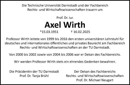 Traueranzeige von Axel Wirth von Darmstädter Echo
