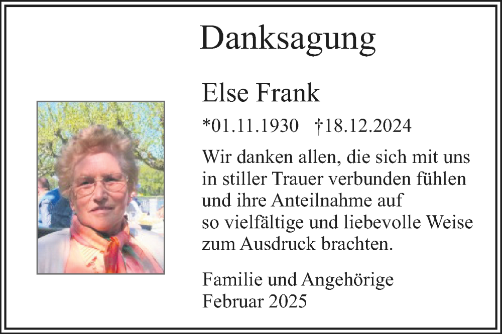  Traueranzeige für Else Frank vom 15.02.2025 aus Starkenburger Echo