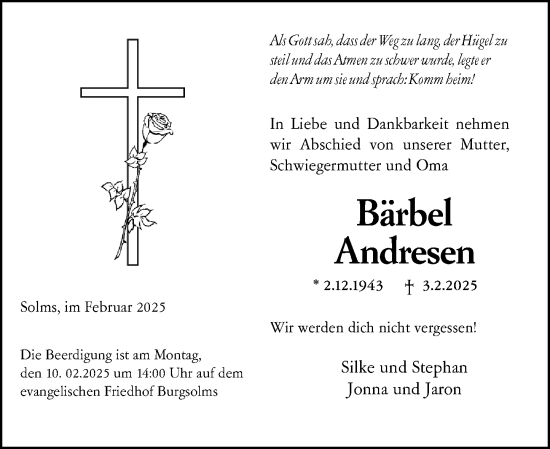 Traueranzeige von Bärbel Andresen von Wetzlarer Neue Zeitung