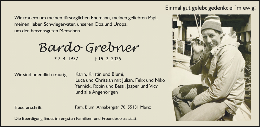  Traueranzeige für Bardo Grebner vom 22.02.2025 aus Allgemeine Zeitung Mainz