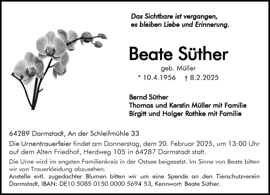 Traueranzeige von Beate Süther von Darmstädter Echo