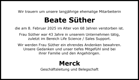 Traueranzeige von Beate Süther von Darmstädter Echo