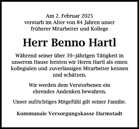 Traueranzeige von Benno Hartl von Darmstädter Echo