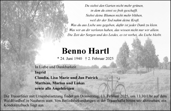 Traueranzeige von Benno Hartl von Rüsselsheimer Echo