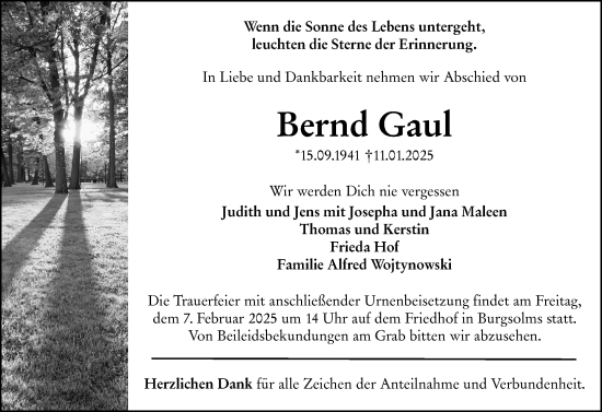 Traueranzeige von Bernd Gaul von Wetzlarer Neue Zeitung