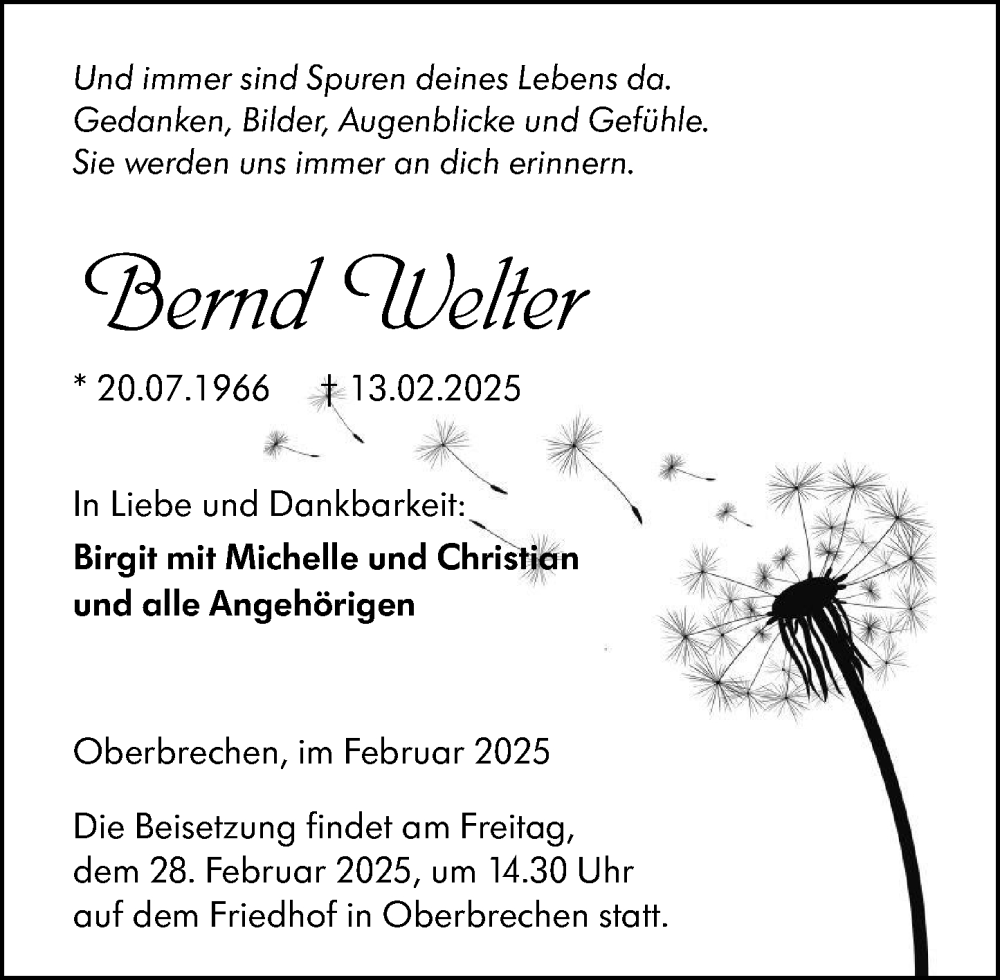  Traueranzeige für Bernd Welter vom 20.02.2025 aus Camberger Anzeiger
