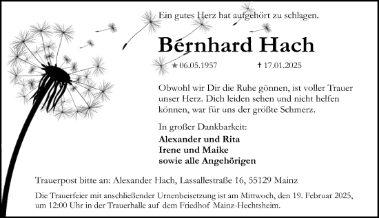 Traueranzeige von Bernhard Hach von Allgemeine Zeitung Mainz