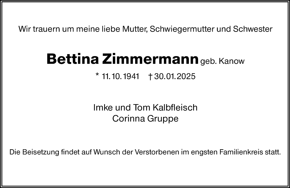  Traueranzeige für Bettina Zimmermann vom 01.02.2025 aus Dieburger Anzeiger/Groß-Zimmerner Lokal-Anzeiger