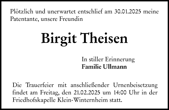 Traueranzeige von Birgit Theisen von Allgemeine Zeitung Mainz