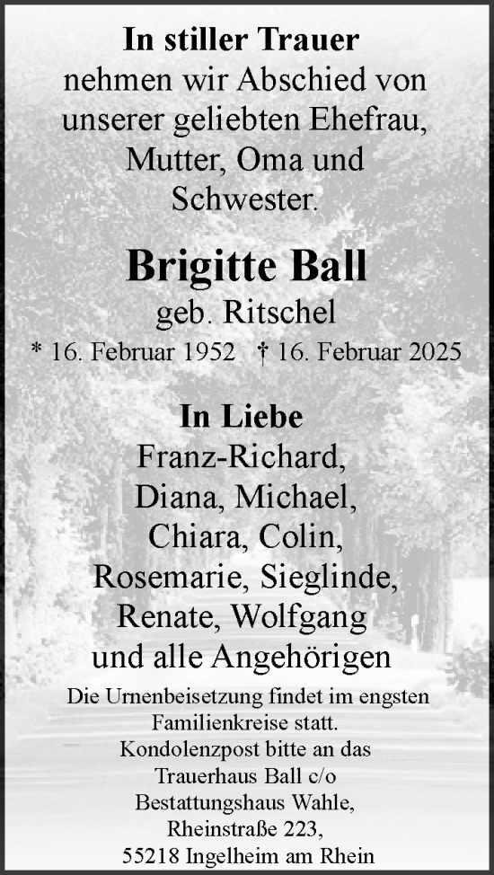 Traueranzeige von Brigitte Ball von Allgemeine Zeitung Rheinhessen-Nahe