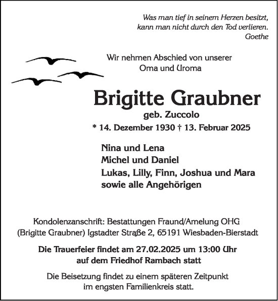 Traueranzeige von Brigitte Graubner von Wiesbadener Kurier