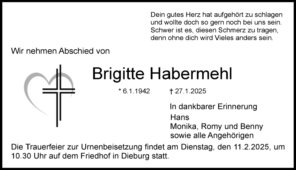  Traueranzeige für Brigitte Habermehl vom 08.02.2025 aus Dieburger Anzeiger/Groß-Zimmerner Lokal-Anzeiger