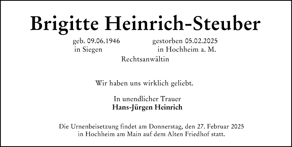  Traueranzeige für Brigitte Heinrich-Steuber vom 21.02.2025 aus Hochheimer Zeitung