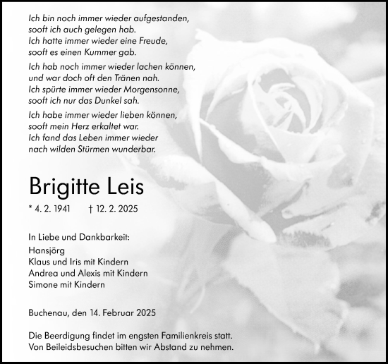 Traueranzeige von Brigitte Leis von Hinterländer Anzeiger