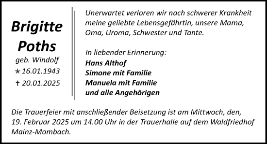 Traueranzeige von Brigitte Poths von Allgemeine Zeitung Mainz