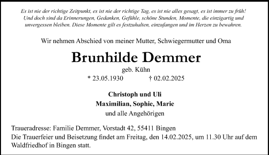 Traueranzeige von Brunhilde Demmer von Allgemeine Zeitung Rheinhessen-Nahe