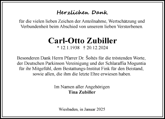 Traueranzeige von Carl-Otto Zubiller von Wiesbadener Kurier