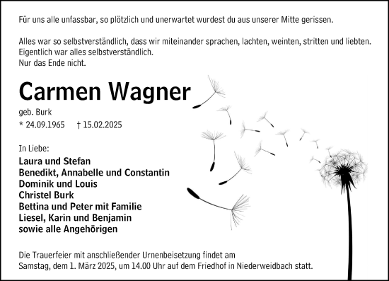 Traueranzeige von Carmen Wagner von Hinterländer Anzeiger