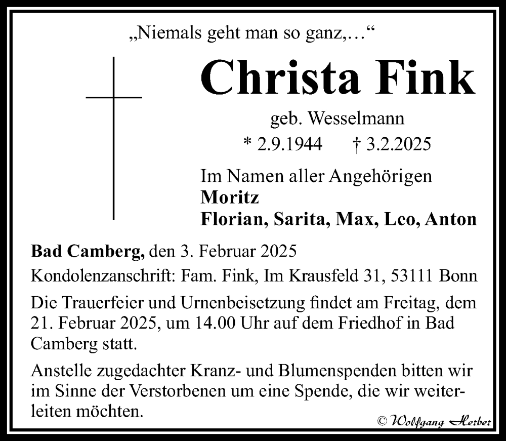  Traueranzeige für Christa Fink vom 13.02.2025 aus Camberger Anzeiger