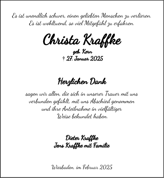 Traueranzeige von Christa Kraffke von Wiesbadener Kurier