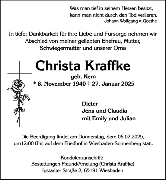 Traueranzeige von Christa Kraffke von Wiesbadener Kurier