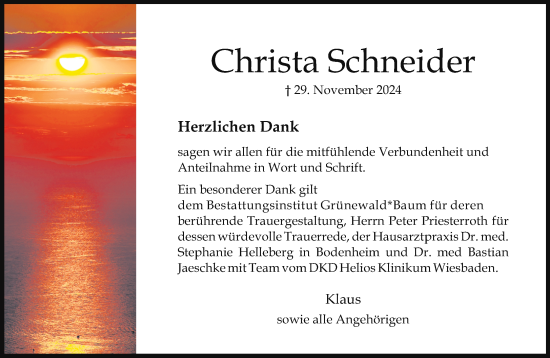 Traueranzeige von Christa Schneider von Allgemeine Zeitung Mainz